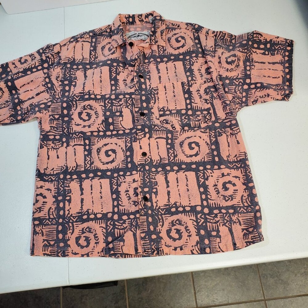 Legendary Bonhomme Shirt Mens Medium Pink Black Abstract Print Made USA Cotton